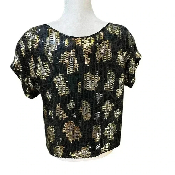 Vtg J. L. B. Beaded Black Leopard Big Cat Spots Sequins Trophy Silk Blouse Large - Picture 4 of 6
